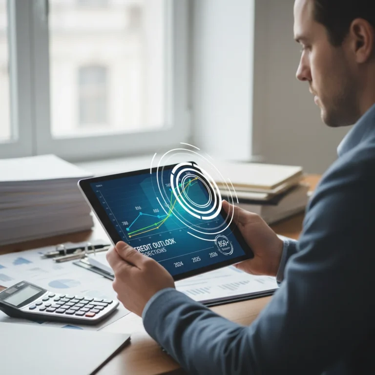 Person analyzing credit score simulations on a tablet for future financial planning.