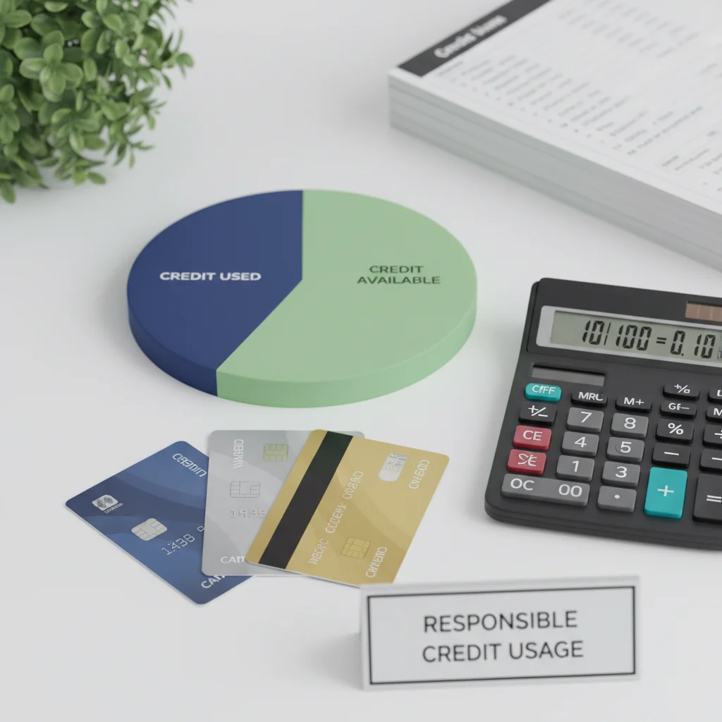 Pie chart illustrating low credit utilization, with credit cards and calculator, symbolizing smart credit management.