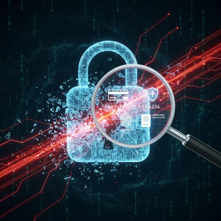 Digital lock breaking, symbolizing a data breach, with sensitive data highlighted for investigation.