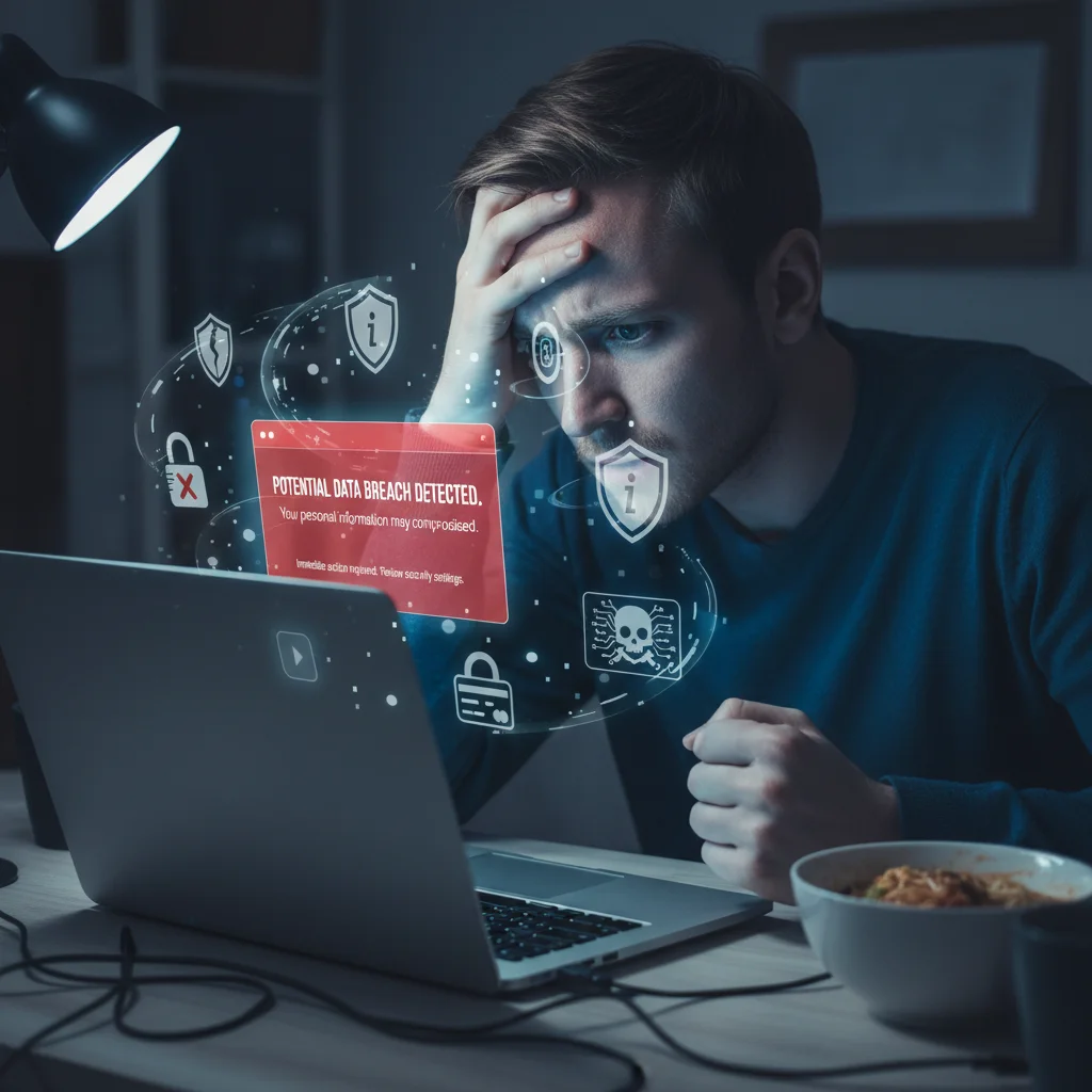 Distressed person reacting to a data breach notification on a laptop, surrounded by security icons.