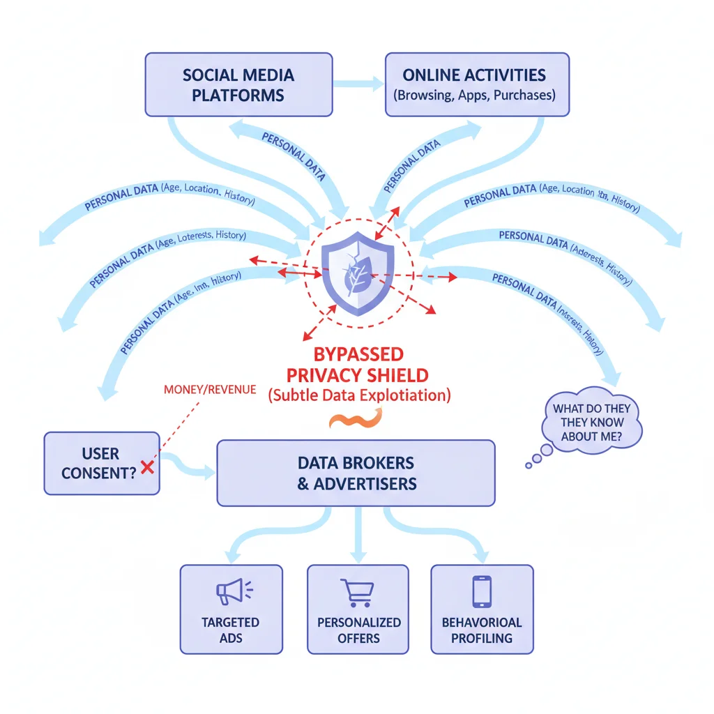 Flowchart depicting personal data flowing from social media to advertisers, highlighting privacy concerns in targeted ads.