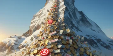 Debt avalanche method illustration with coins cascading down a mountain.