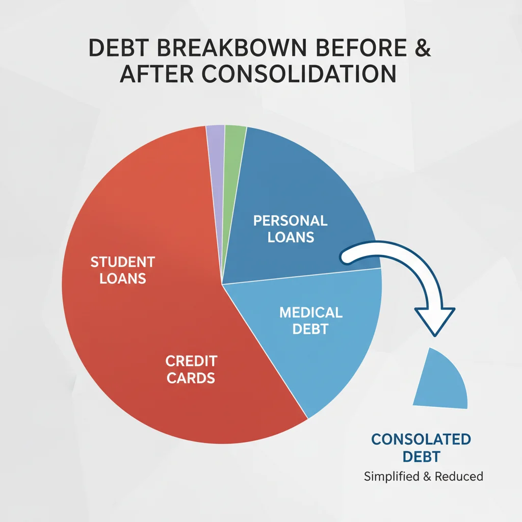 Pie chart illustrating debt categories before and after consolidation, highlighting credit card debt reduction.