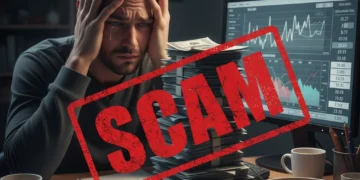 Distressed individual overwhelmed by bills, highlighting the risk of debt settlement scams.