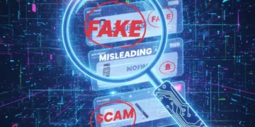 Magnifying glass examining a digital ad with red warning signs, symbolizing deceptive advertising in 2026.