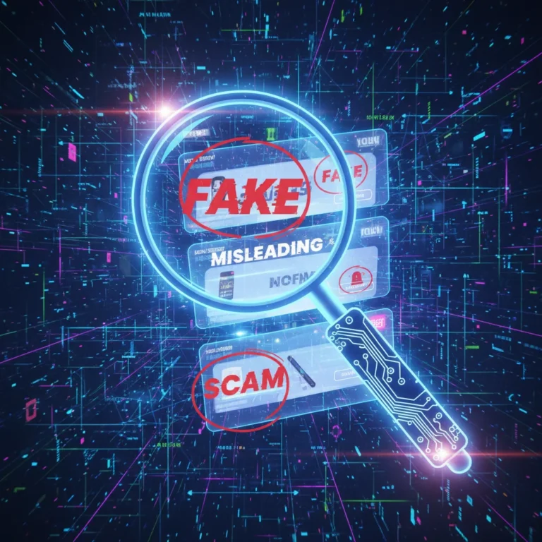 Magnifying glass examining a digital ad with red warning signs, symbolizing deceptive advertising in 2026.