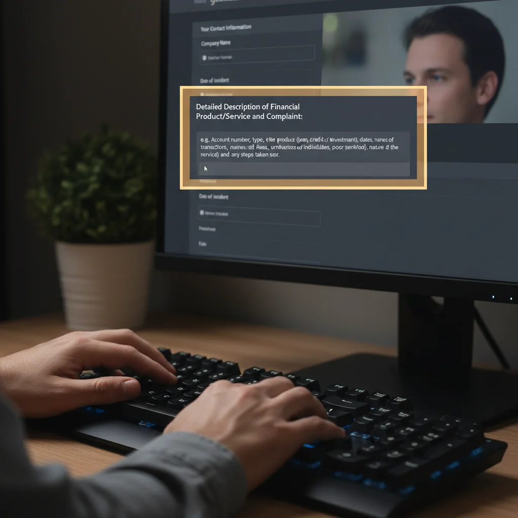 Hands typing detailed financial complaint information into an online form.
