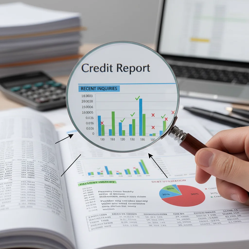Magnifying glass examining detailed credit report sections for accuracy.