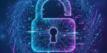 Digital lock icon with data flow, representing digital privacy and data protection.