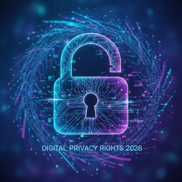 Digital lock icon with data flow, representing digital privacy and data protection.