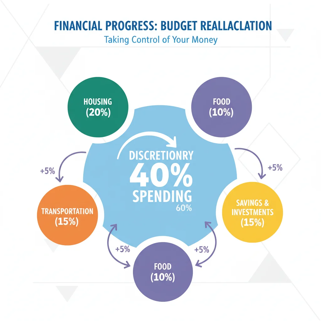 Infographic showing a budget breakdown with a reduced discretionary spending portion, illustrating financial control.