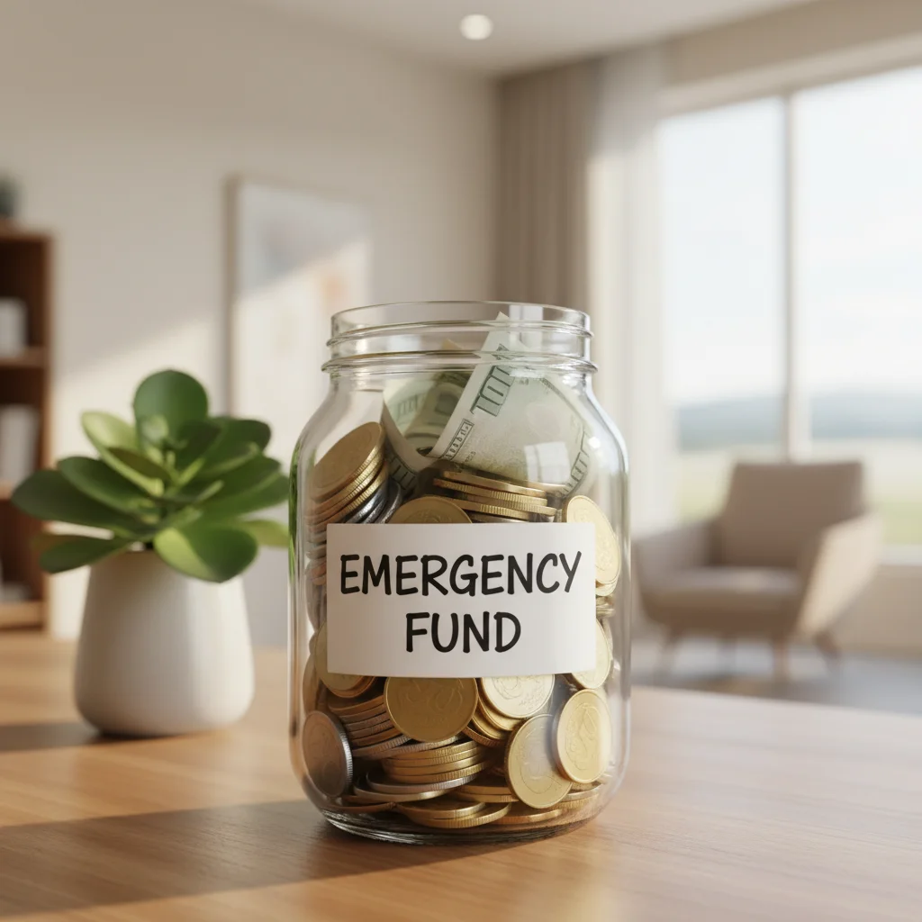 Emergency fund jar with coins and bills, symbolizing financial security for irregular income.