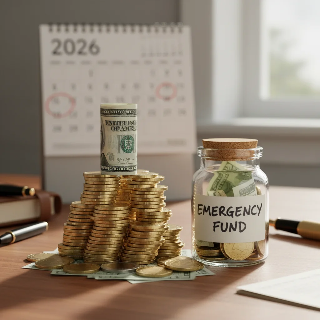 Emergency fund savings jar with coins and bills for financial security in 2026.