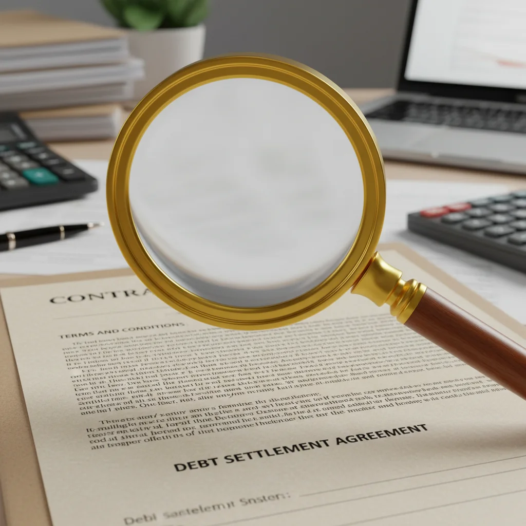 Magnifying glass examining fine print on a financial contract, representing due diligence.