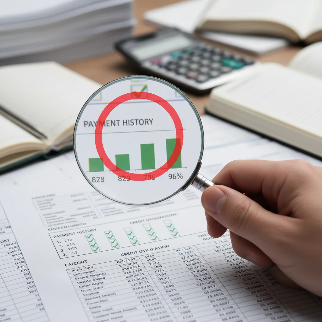 Magnifying glass examining payment history and credit utilization on a detailed credit report.