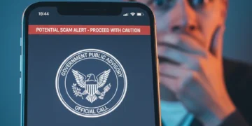 Smartphone showing a fake government call, emphasizing imposter scam awareness.
