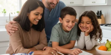 Family discussing budget with children at kitchen table