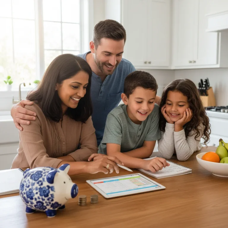 Family discussing budget with children at kitchen table