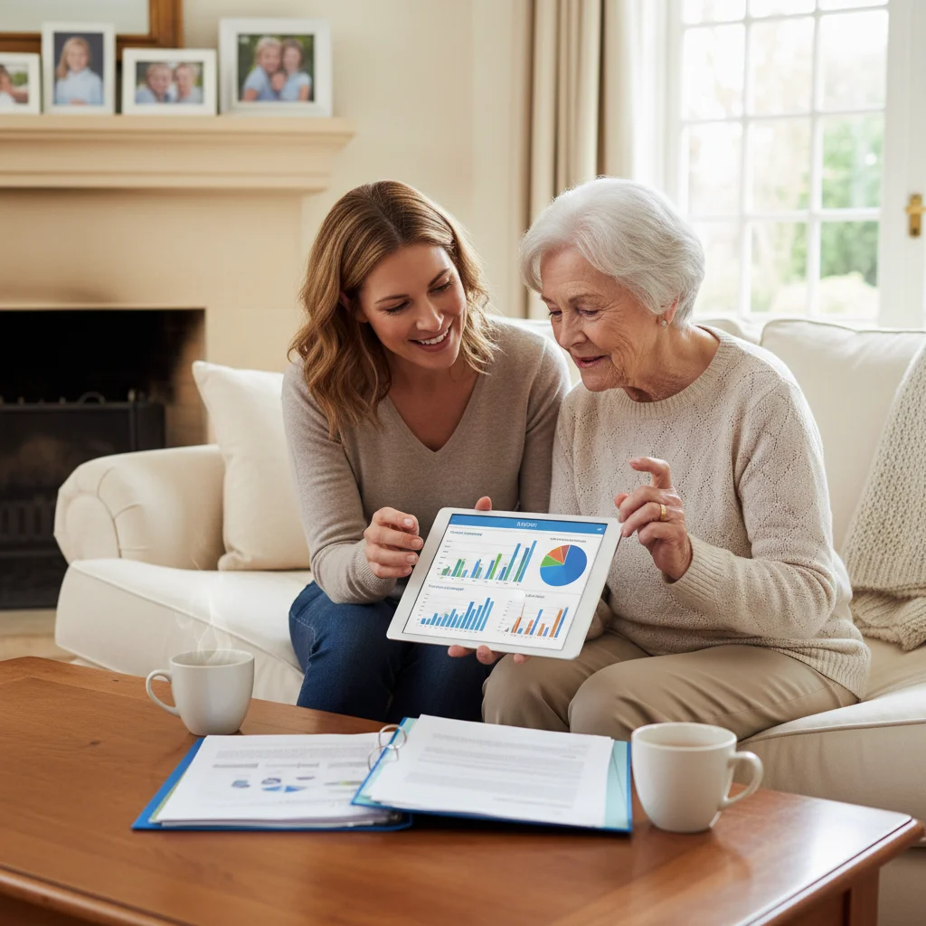 Family discussing finances to prevent elderly exploitation