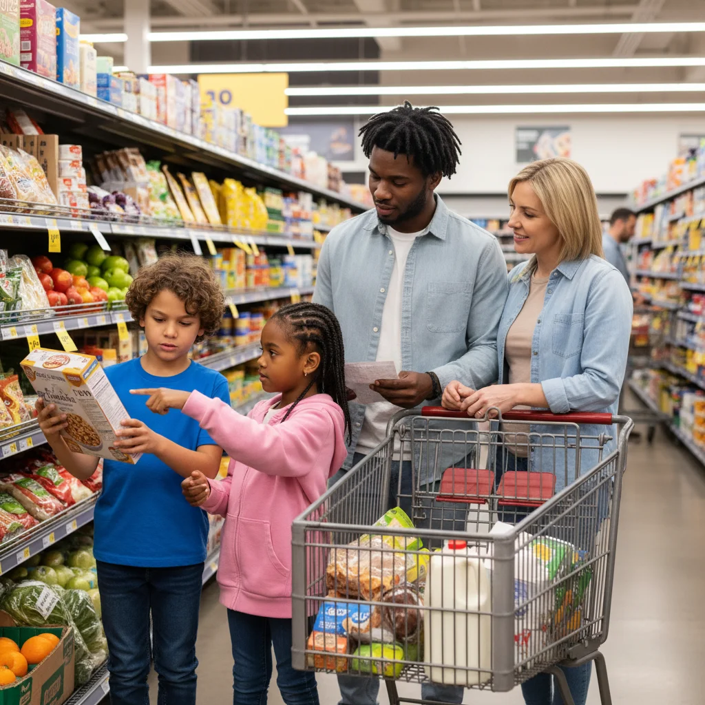 Family grocery shopping, children comparing prices and helping