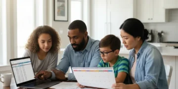 Family reviewing quarterly budget on laptop at kitchen table