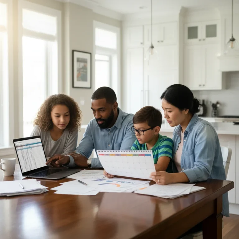 Family reviewing quarterly budget on laptop at kitchen table