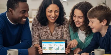 Family reviewing weekly budget on tablet
