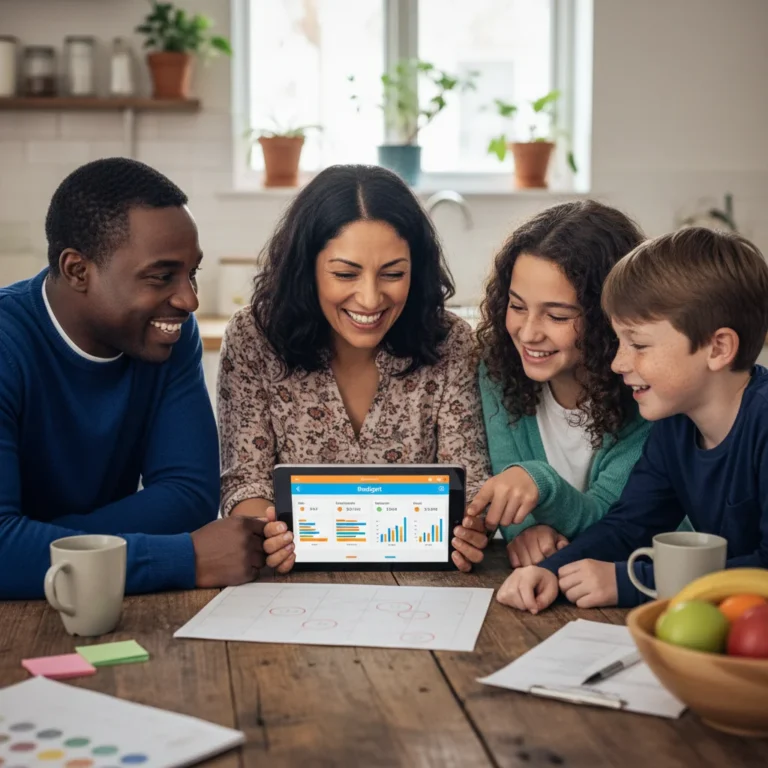 Family reviewing weekly budget on tablet