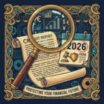 Magnifying glass over a credit report with 2026 calendar, symbolizing FCRA accuracy and consumer protection.