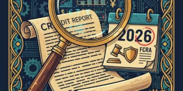 Magnifying glass over a credit report with 2026 calendar, symbolizing FCRA accuracy and consumer protection.