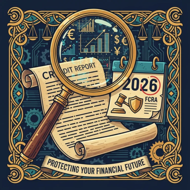 Magnifying glass over a credit report with 2026 calendar, symbolizing FCRA accuracy and consumer protection.