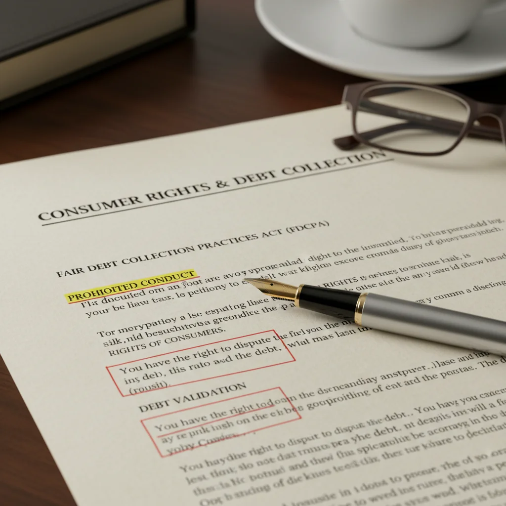 Legal document showing FDCPA consumer rights sections with a pen
