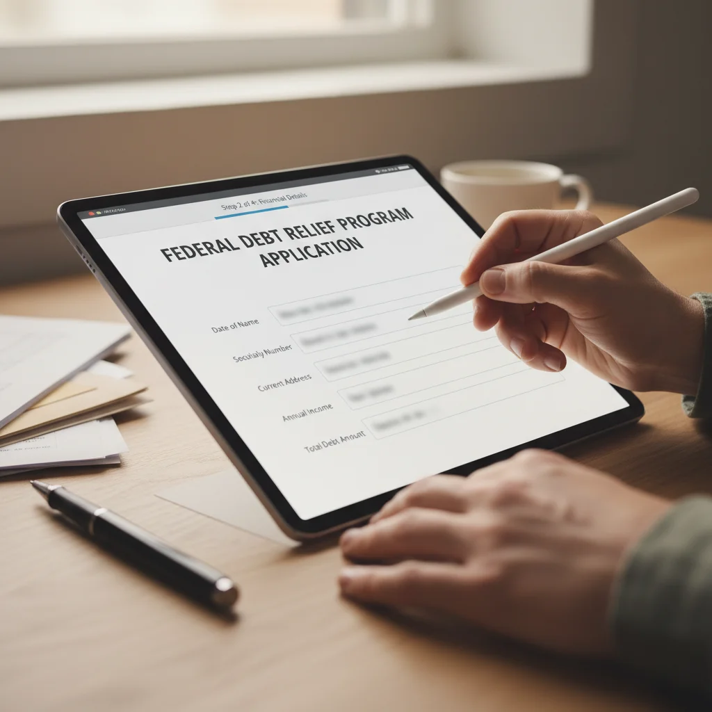 Hands filling out federal debt relief application form
