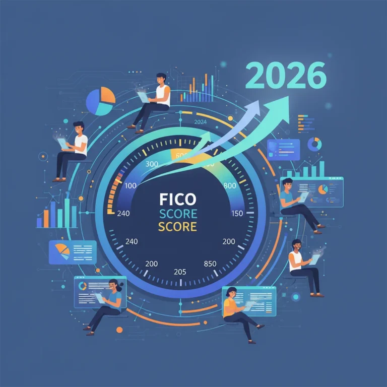 FICO Score dial with '2026' highlighted, symbolizing future credit score changes and financial impact.