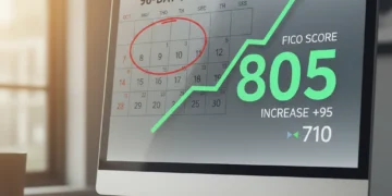 Digital display showing an increased FICO score with a 90-day calendar, symbolizing rapid credit improvement.