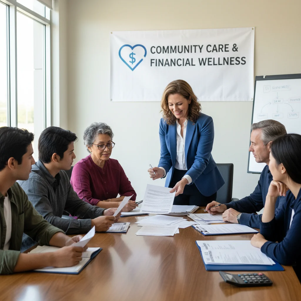 Diverse group receiving financial counseling for medical debt.