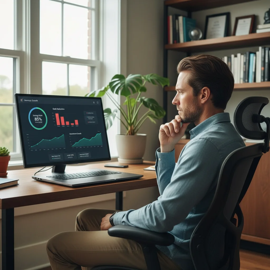 Person viewing a laptop with a financial dashboard showing savings, debt, and investment graphs.