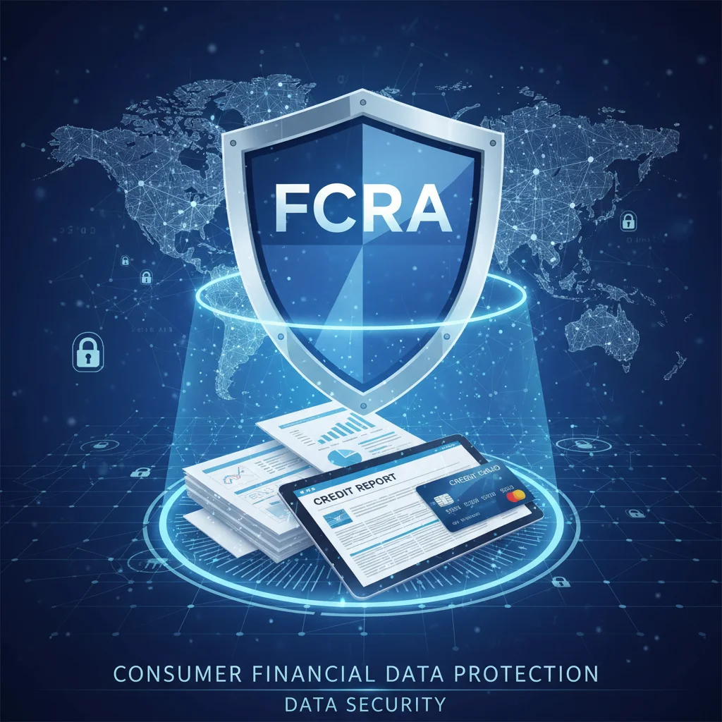 Shield protecting financial documents and credit card, symbolizing data security and FCRA privacy.