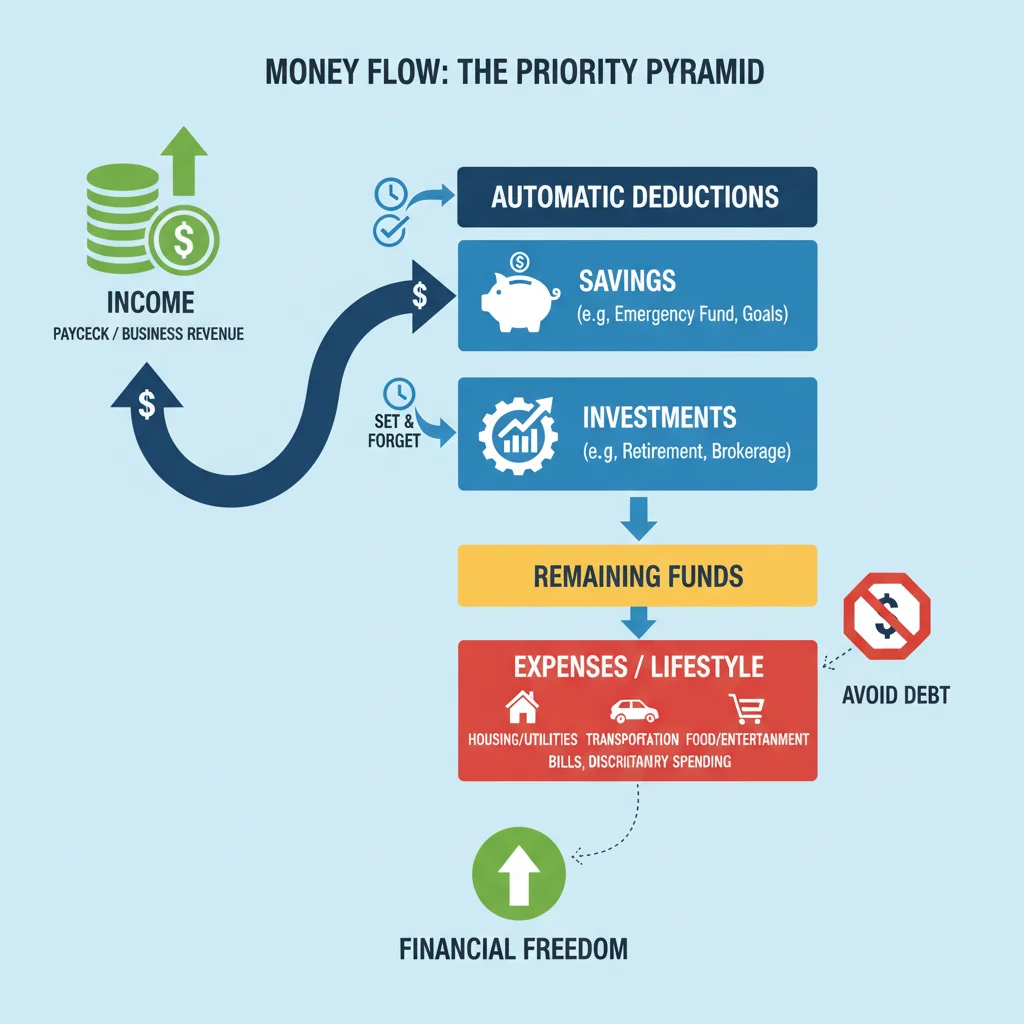 Infographic depicting the financial flowchart of income, automatic savings, and expenses.