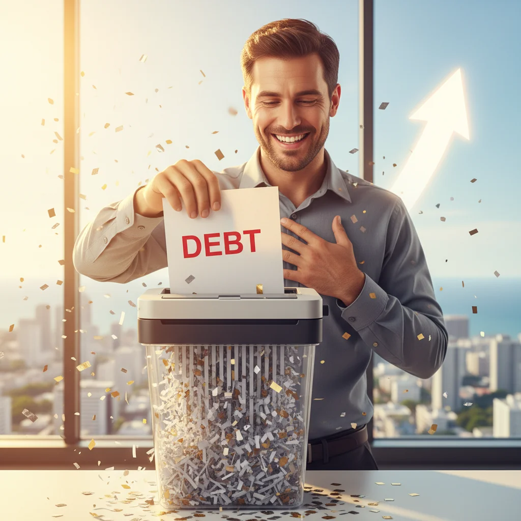 Person shredding debt documents, symbolizing financial freedom achieved through prioritization
