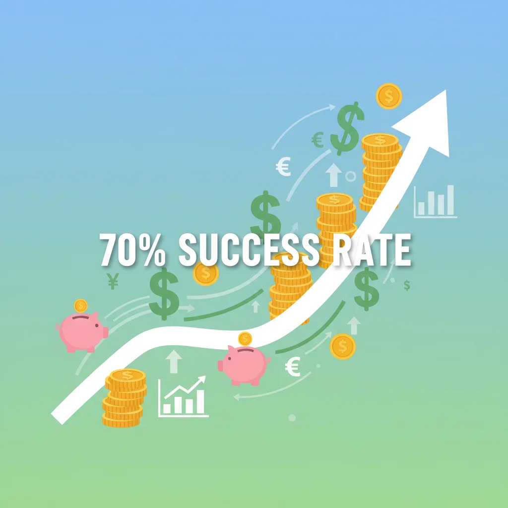 Growth chart with financial icons and '70% Success Rate' text, symbolizing achieving financial goals.