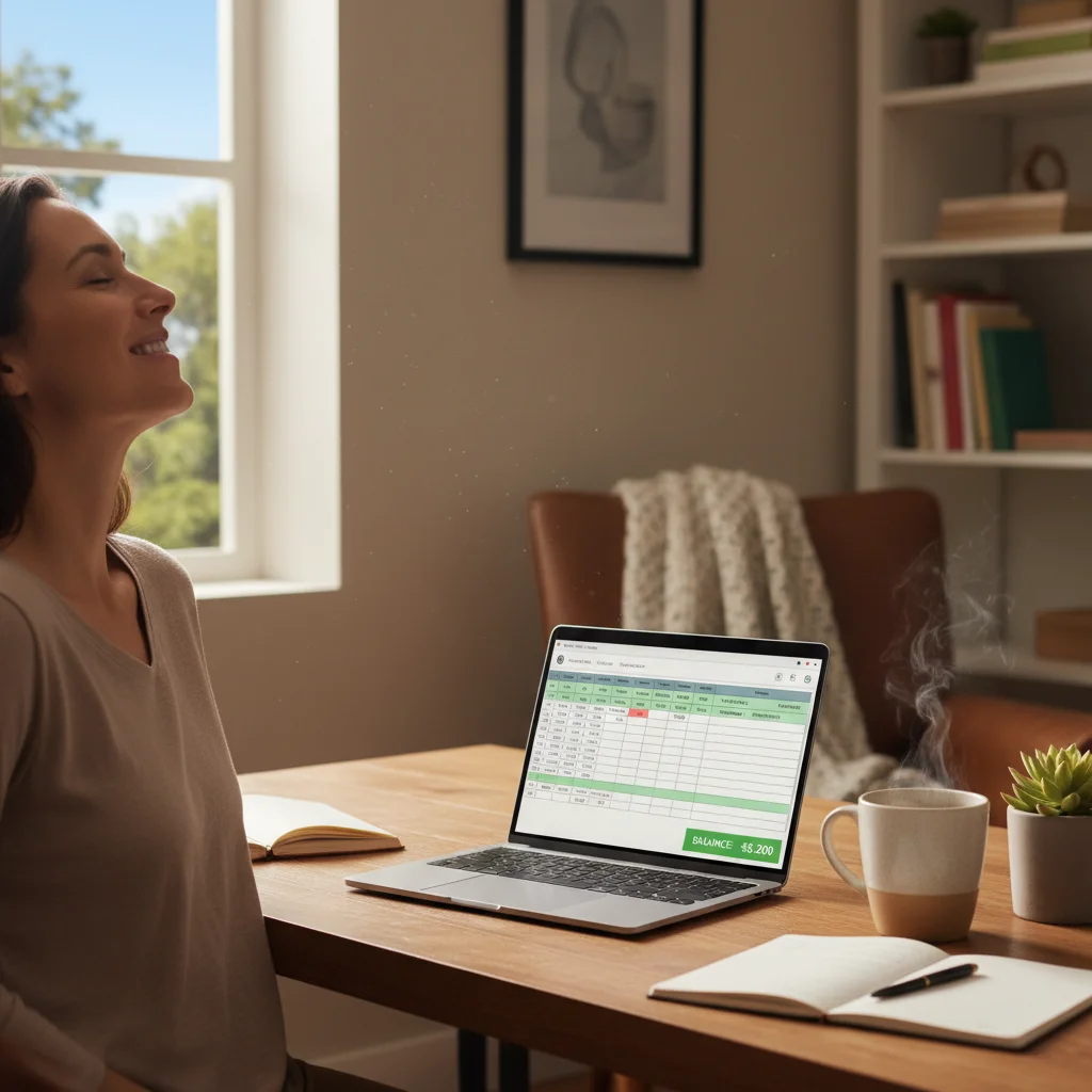 Person looking relieved while managing finances on a laptop, symbolizing financial peace of mind.