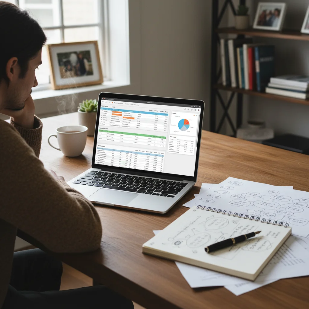 Individual meticulously reviewing a budget and financial plan on a laptop