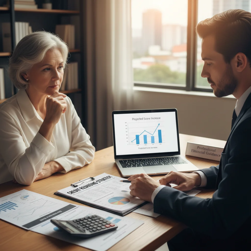 Financial advisor explaining a credit rebuilding plan to a client