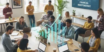 Confident US freelancers managing finances with laptops and charts, symbolizing irregular income budgeting success.