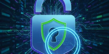 Digital padlock over data network, representing FTC consumer protection against cyber scams and fraud.