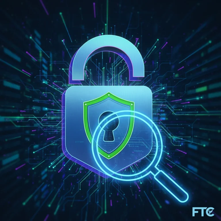Digital padlock over data network, representing FTC consumer protection against cyber scams and fraud.