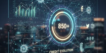 Futuristic digital credit score interface with AI and alternative data integration