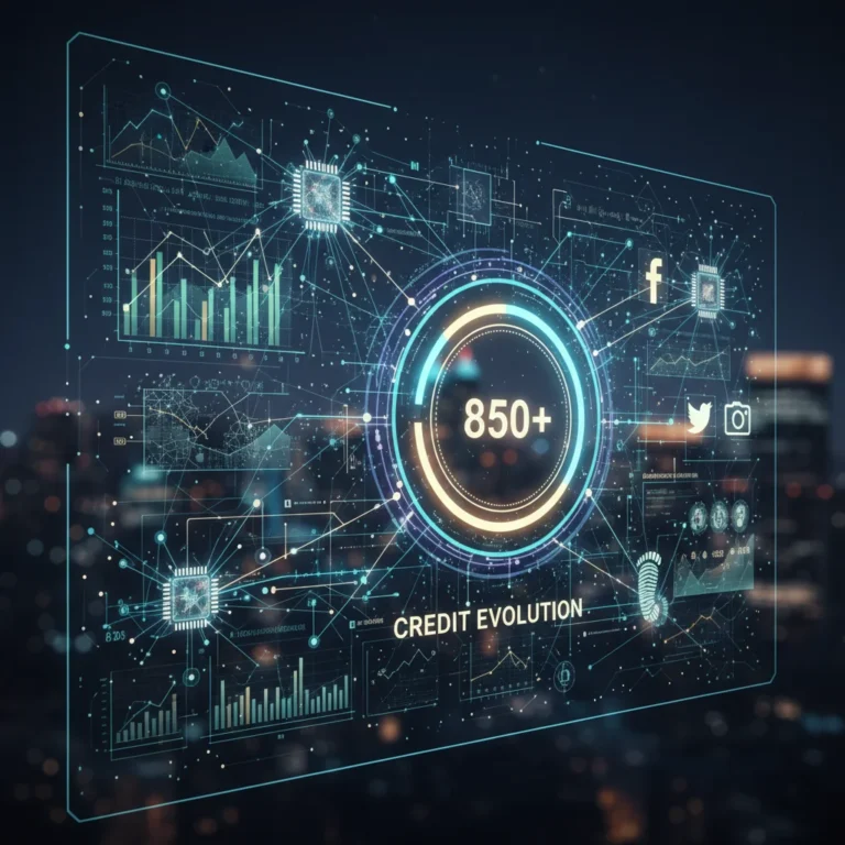 Futuristic digital credit score interface with AI and alternative data integration