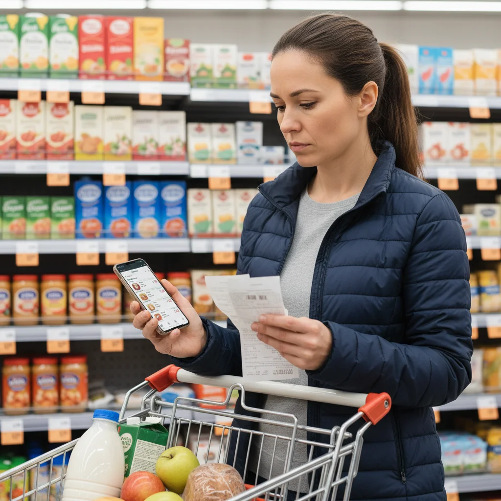 Person comparing grocery prices to save money